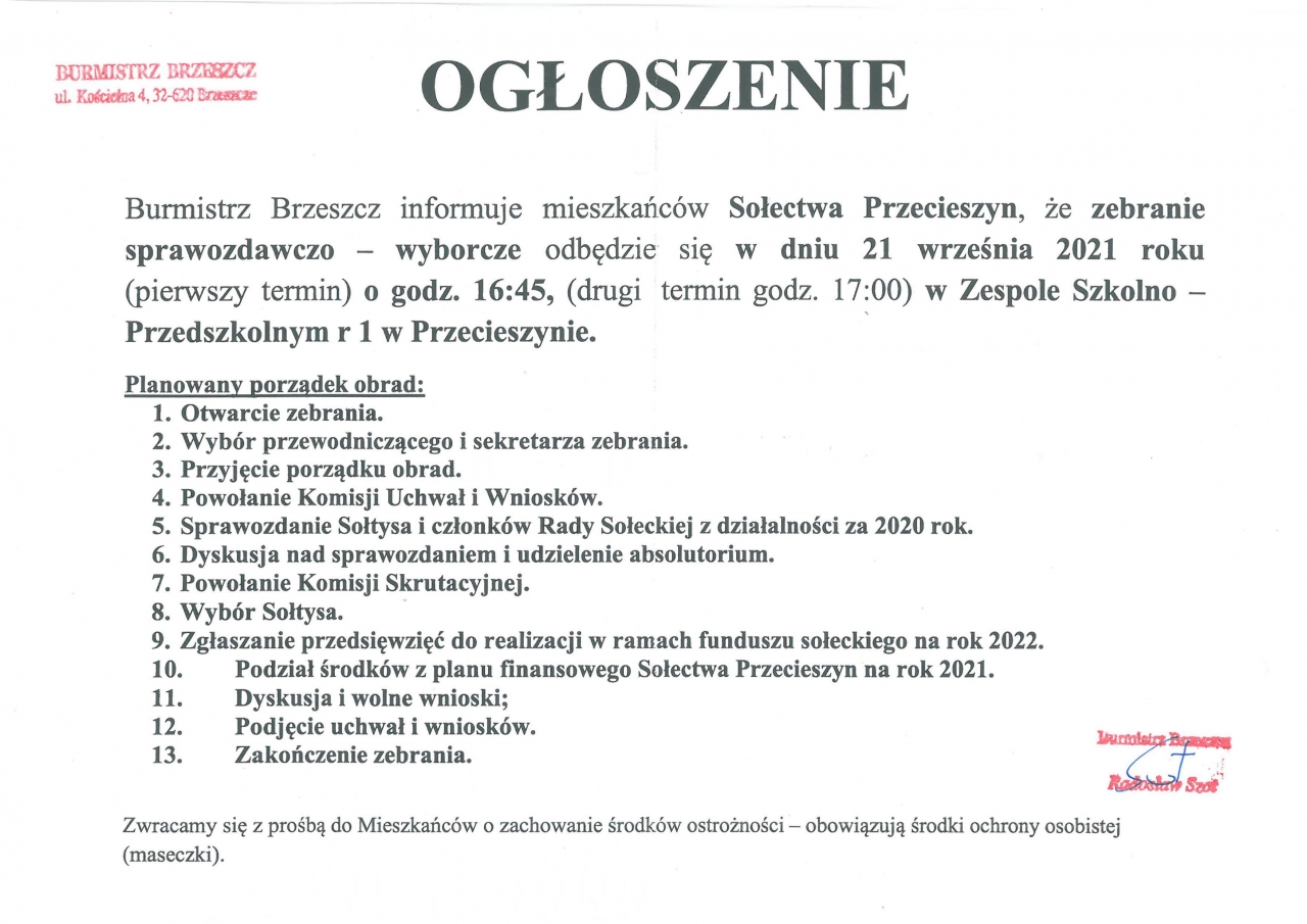 ogłoszenie o zebraniu - sołectwo Przecieszyn 21 września 2021 