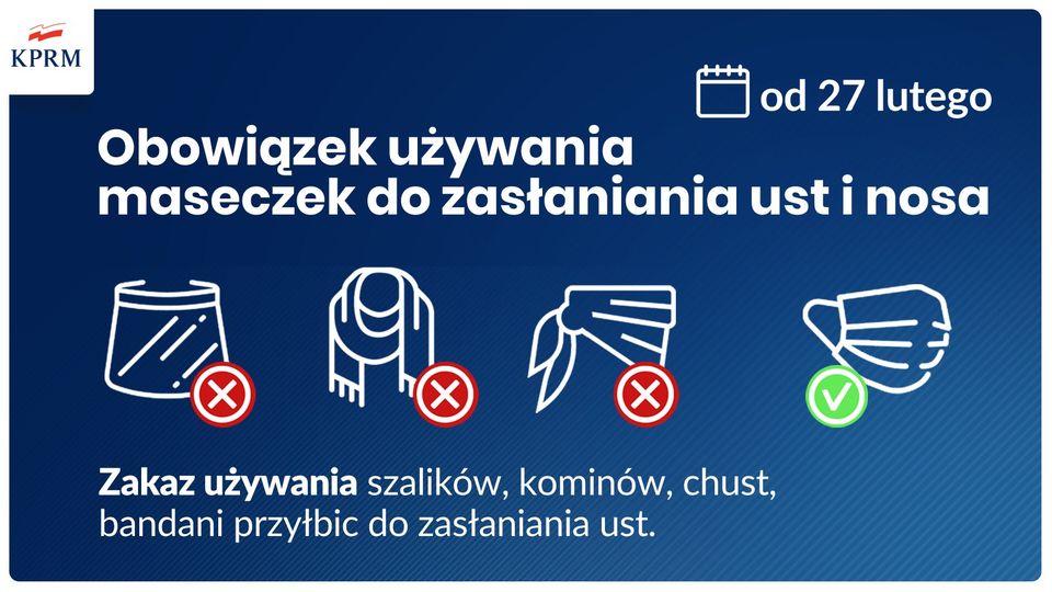 zakaz używania szalików, kominów, chust i bandan do zasłaniania ust i nosa, tylko maseczki